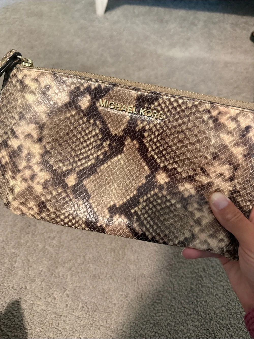 Michael Kors Taupe and Dark Brown Snakeskin-Print Wristlet